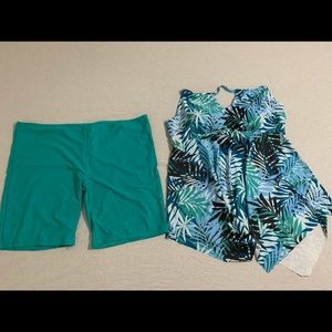 3x tankini swimsuit with shorts, pretty green and blue leaf design